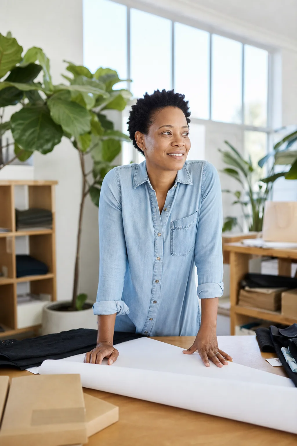 Portrait of a man in his late 30s, a small design-agency owner, standing in a quiet home office at the end of the day, gaze directed toward the left where the copy runs. Warm amber desk lamp against deep navy shadow, natural window light. Relaxed shoulders, unhurried. No baked-in text, no logos, no readable screens.