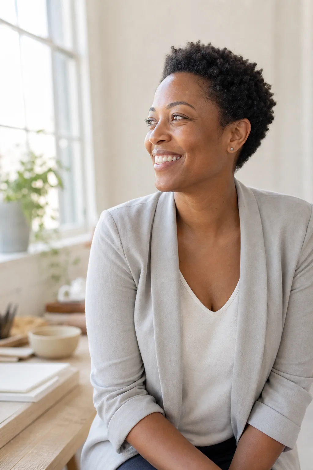 Portrait of one small-business owner — a mid-40s consultant — seated, calm, faint knowing smile, gaze angled left toward the copy and CTA; plain softly-lit background in warm neutral tones with a hint of navy; natural light; no text, no logos, no visible screen.